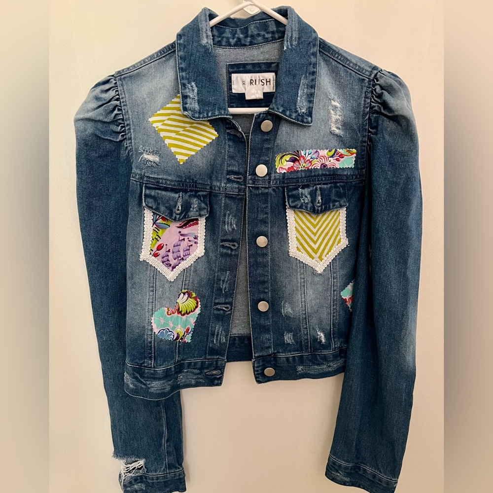 Personalized option - Queen print patch work distressed Jean jacket! Girls XL.